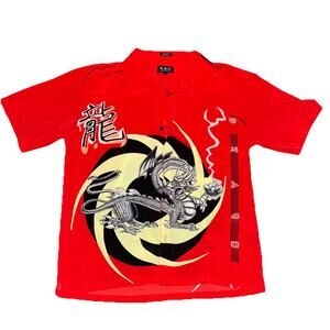 Vtg KAD Animation Red Dragon Poly Short Sleeve Button Up Shirt Size Large
